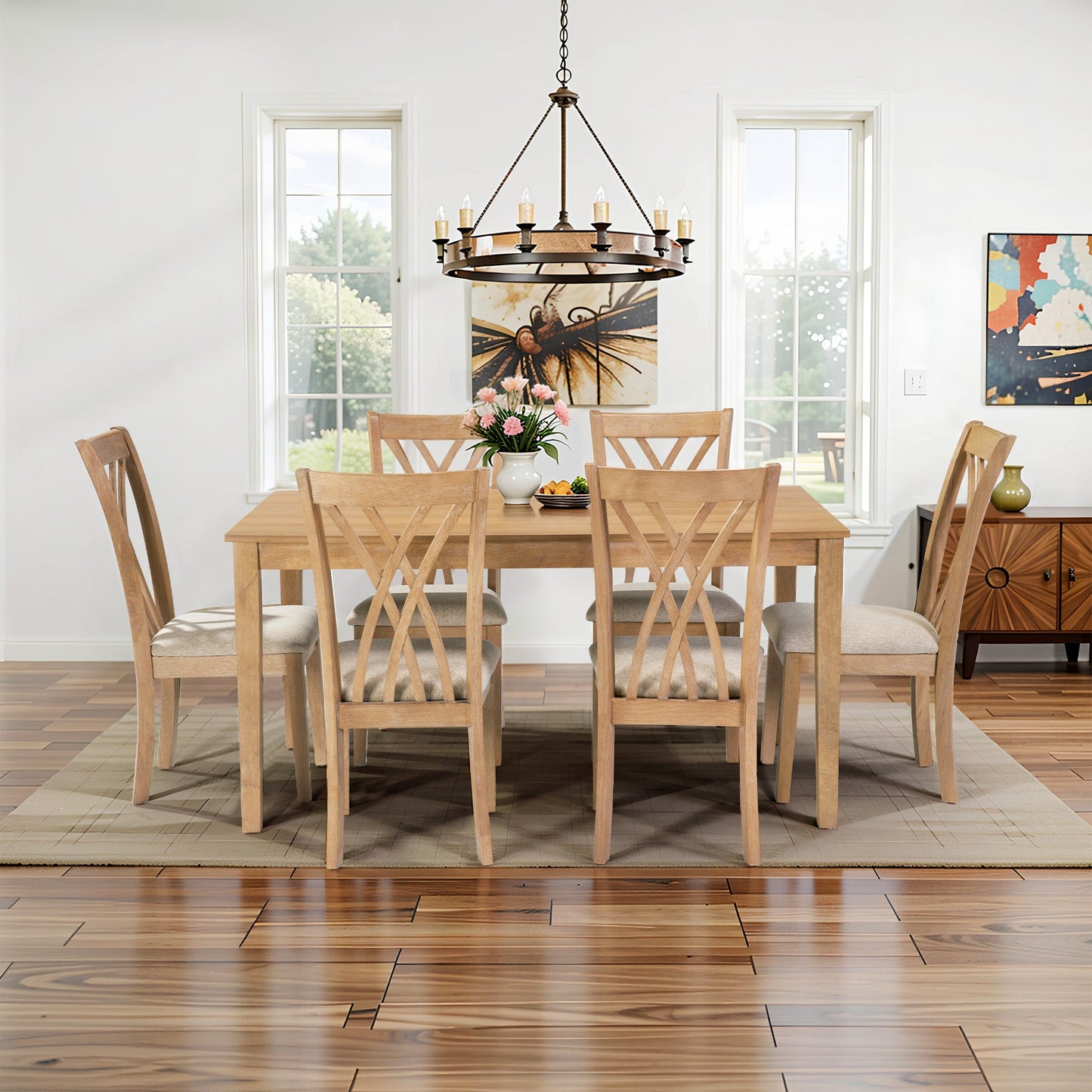Dining Table Set with 6 Chairs, Modern Dining Table and Chairs Set, 1 Table & 6 Chairs, 60'L x 36'W Table, 23'H Chairs, Anti - Slip, Perfect for 4 - 6 Persons, Home, Kitchen, Living Room. - 1st Choice Furniture Direct