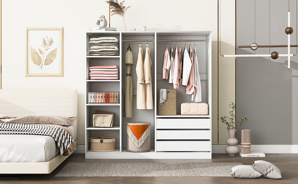 Doorless Wooden Storage Wardrobe for Dedroom with Shelves and 3 Drawers, White - 1st Choice Furniture Direct