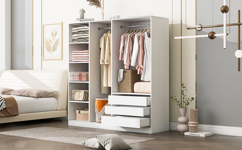 Doorless Wooden Storage Wardrobe for Dedroom with Shelves and 3 Drawers, White - 1st Choice Furniture Direct