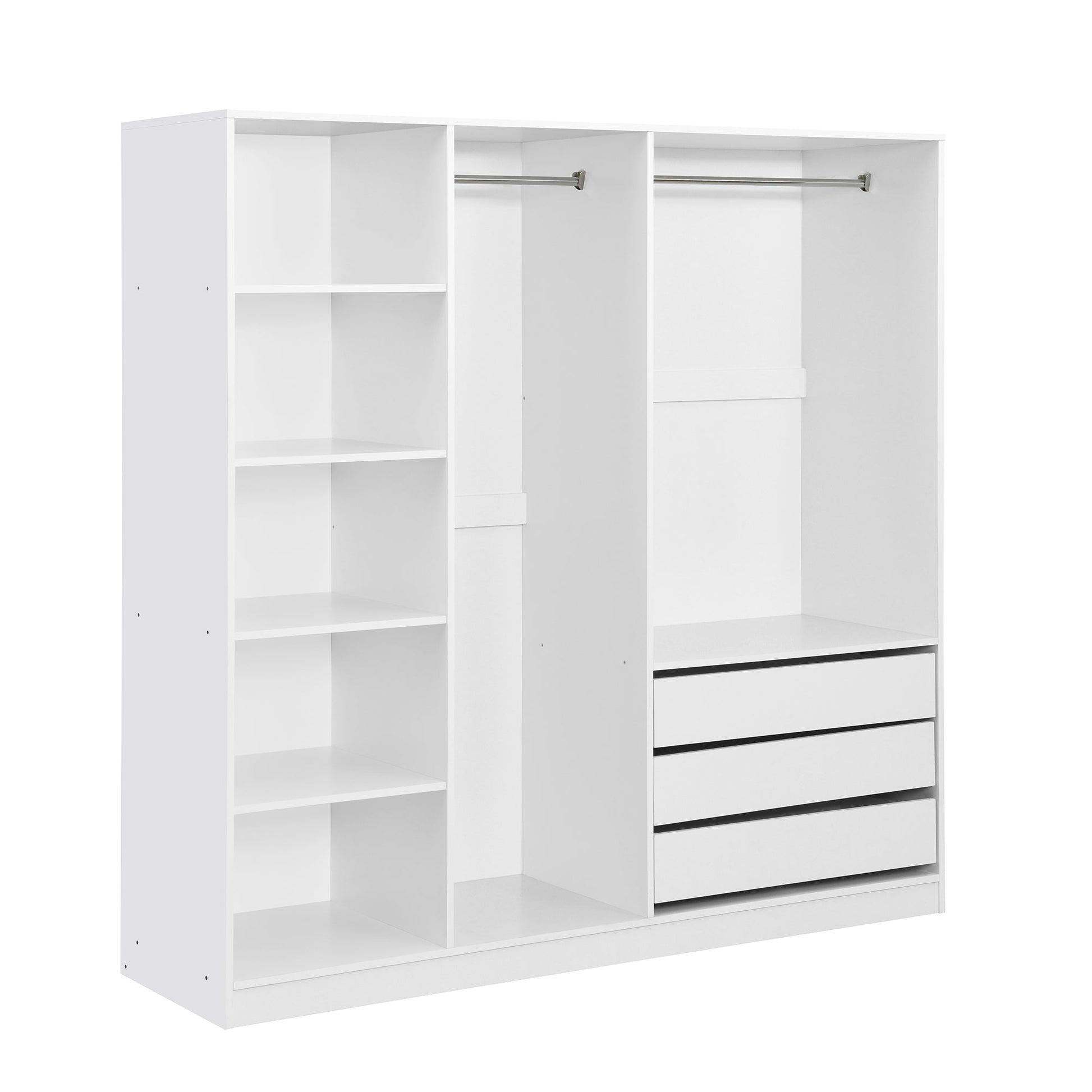 Doorless Wooden Storage Wardrobe for Dedroom with Shelves and 3 Drawers, White - 1st Choice Furniture Direct