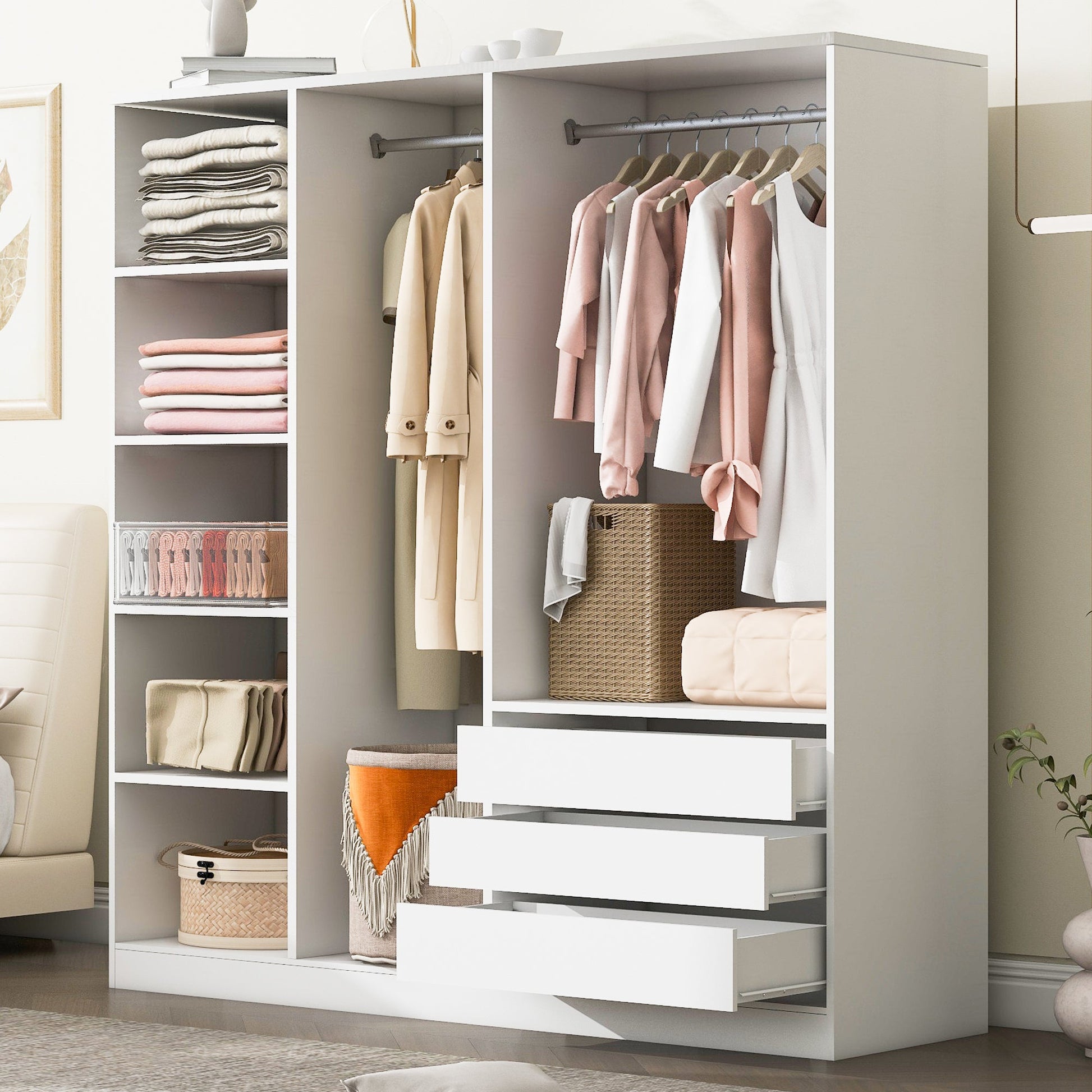 Doorless Wooden Storage Wardrobe for Dedroom with Shelves and 3 Drawers, White - 1st Choice Furniture Direct