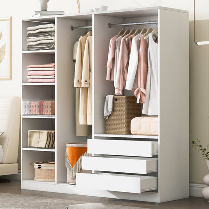 Doorless Wooden Storage Wardrobe for Dedroom with Shelves and 3 Drawers, White - 1st Choice Furniture Direct
