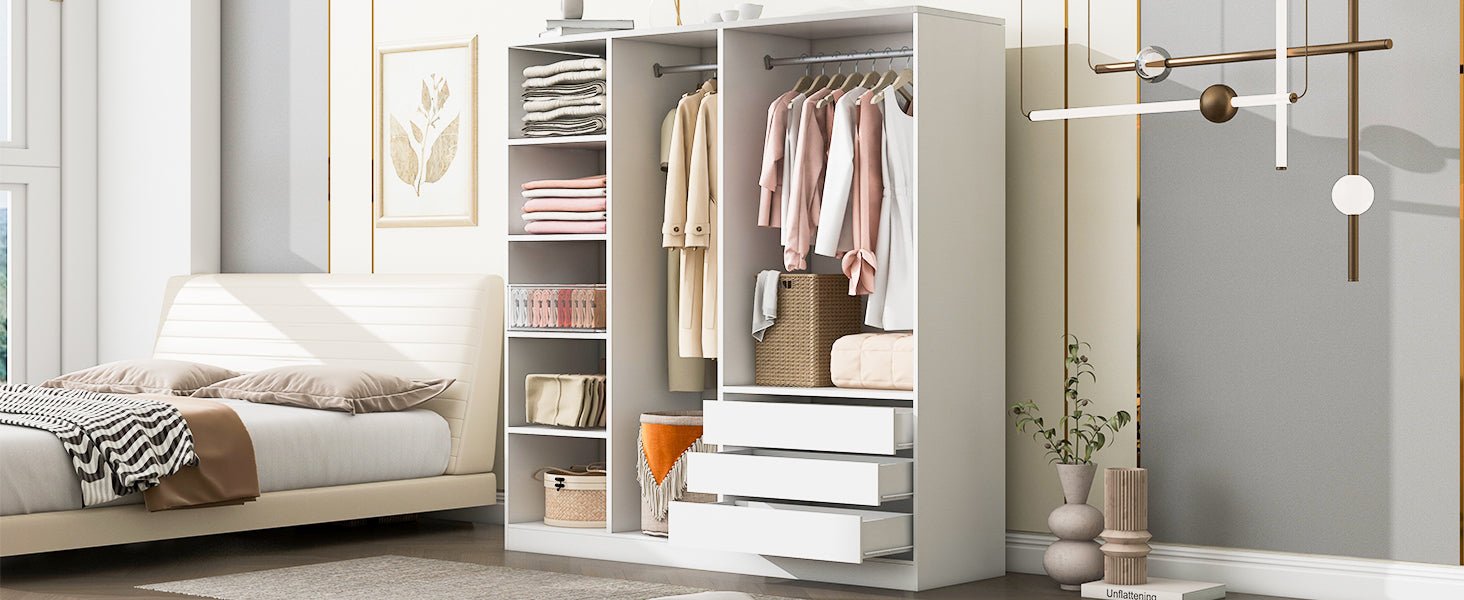 Doorless Wooden Storage Wardrobe for Dedroom with Shelves and 3 Drawers, White - 1st Choice Furniture Direct