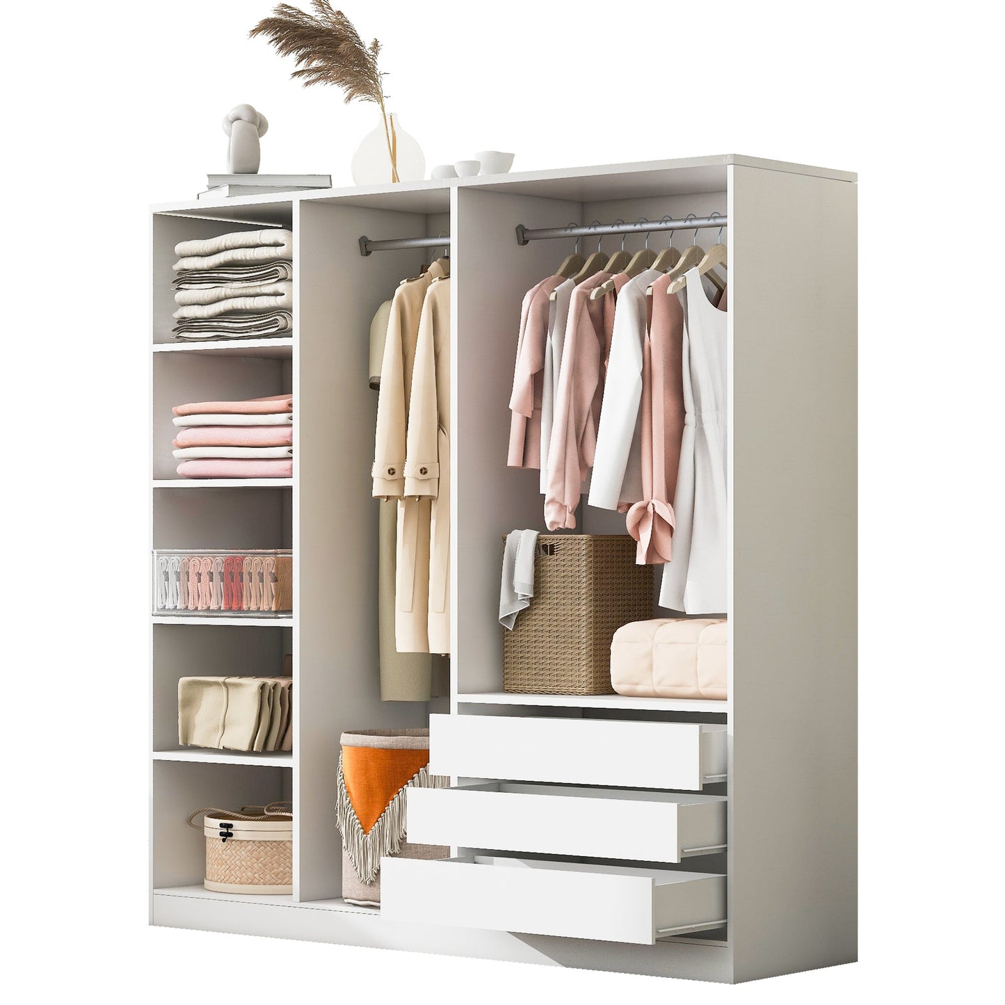 Doorless Wooden Storage Wardrobe for Dedroom with Shelves and 3 Drawers, White - 1st Choice Furniture Direct