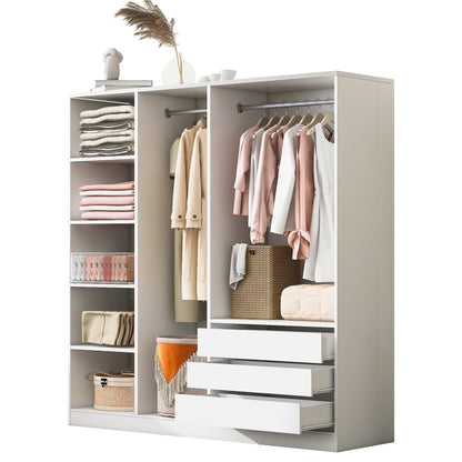 Doorless Wooden Storage Wardrobe for Dedroom with Shelves and 3 Drawers, White - 1st Choice Furniture Direct