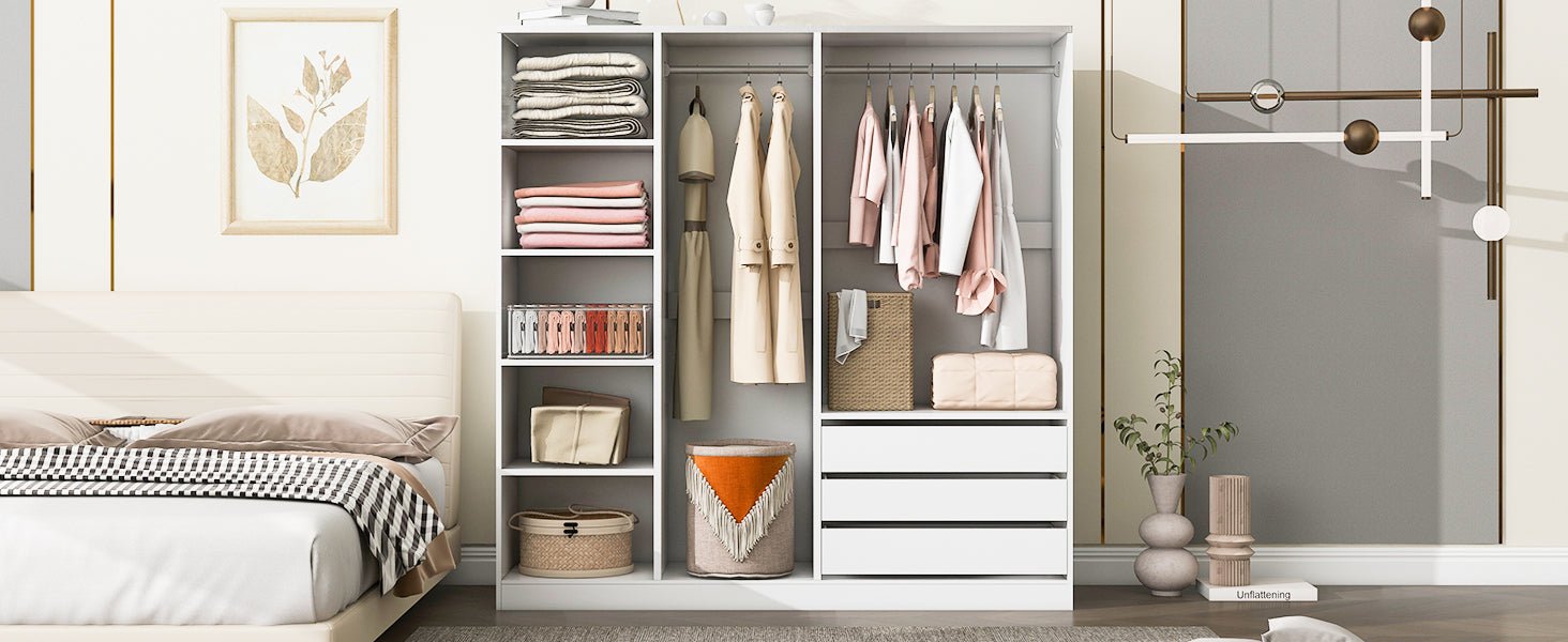 Doorless Wooden Storage Wardrobe for Dedroom with Shelves and 3 Drawers, White - 1st Choice Furniture Direct