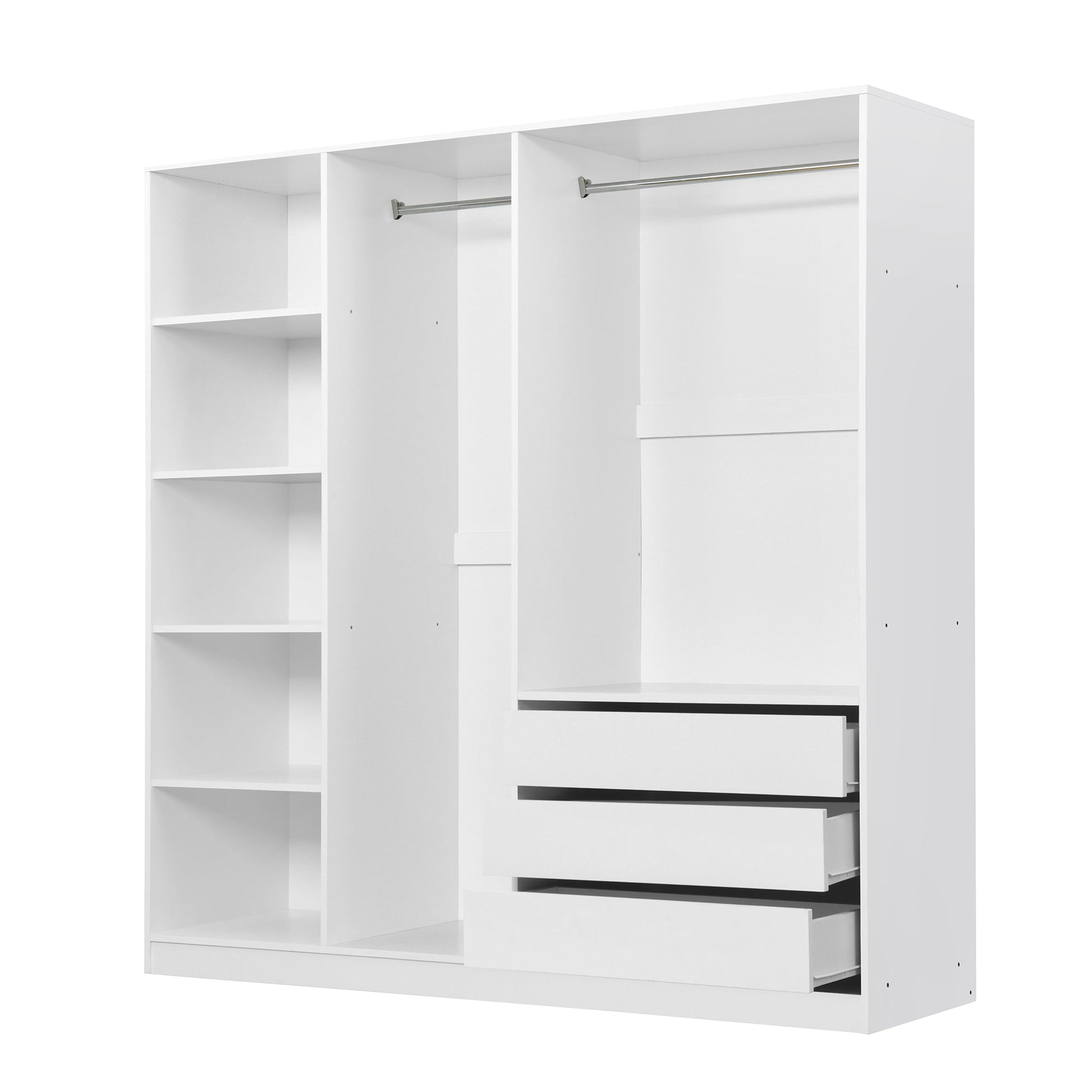 Doorless Wooden Storage Wardrobe for Dedroom with Shelves and 3 Drawers, White - 1st Choice Furniture Direct