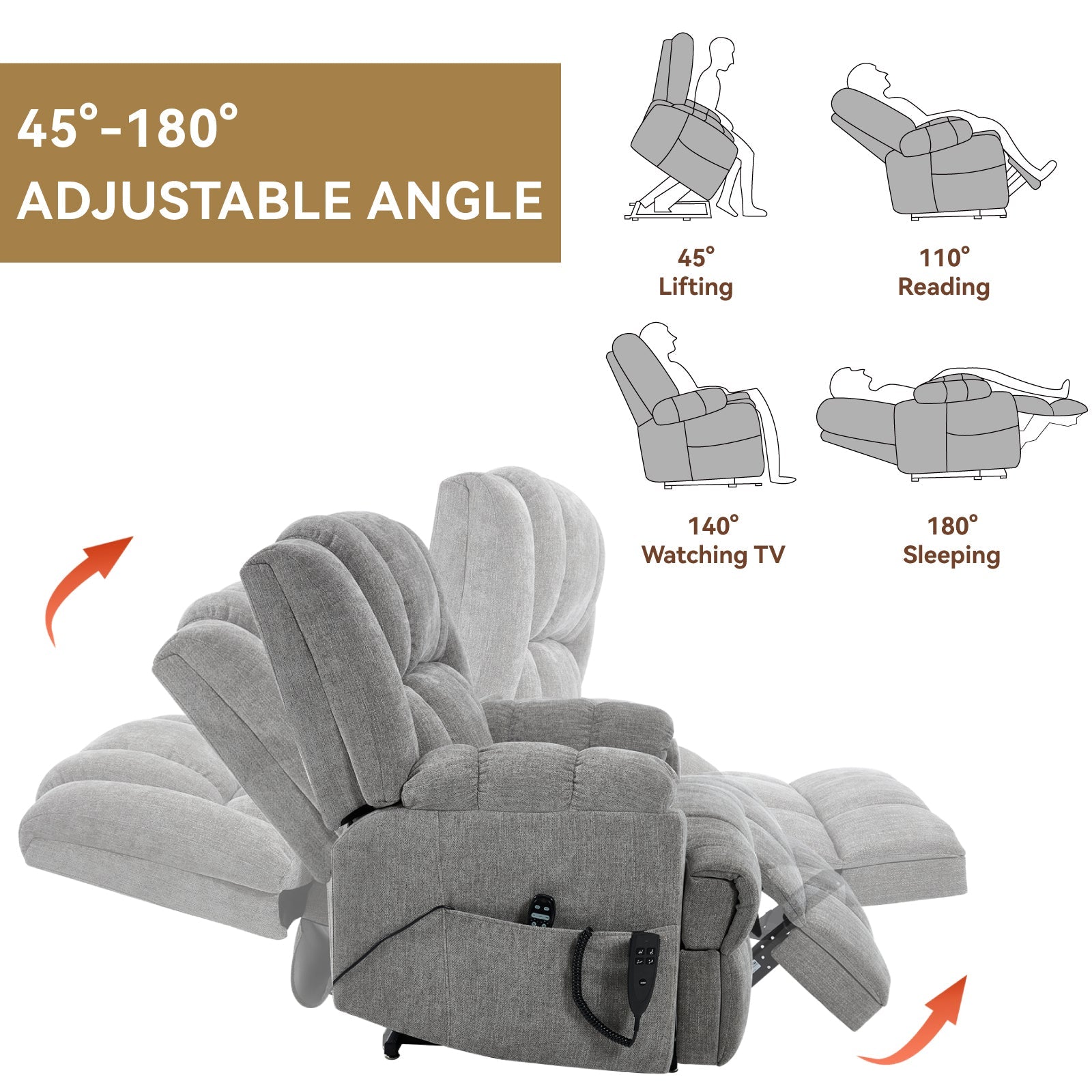 Dual Motor Heat Massage Infinite Position Up to 350 LBS Electric Power Lift Recliners with Power - Remote, Medium - firm and Heavy Duty, Light Grey - 1st Choice Furniture Direct