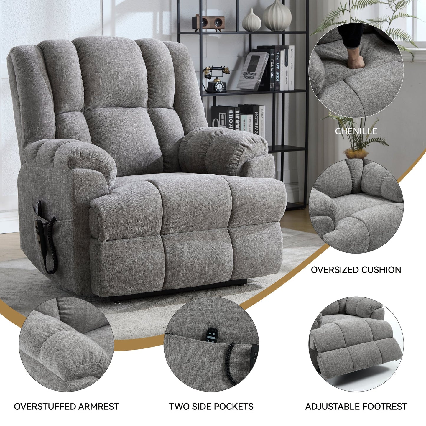 Dual Motor Heat Massage Infinite Position Up to 350 LBS Electric Power Lift Recliners with Power - Remote, Medium - firm and Heavy Duty, Light Grey - 1st Choice Furniture Direct