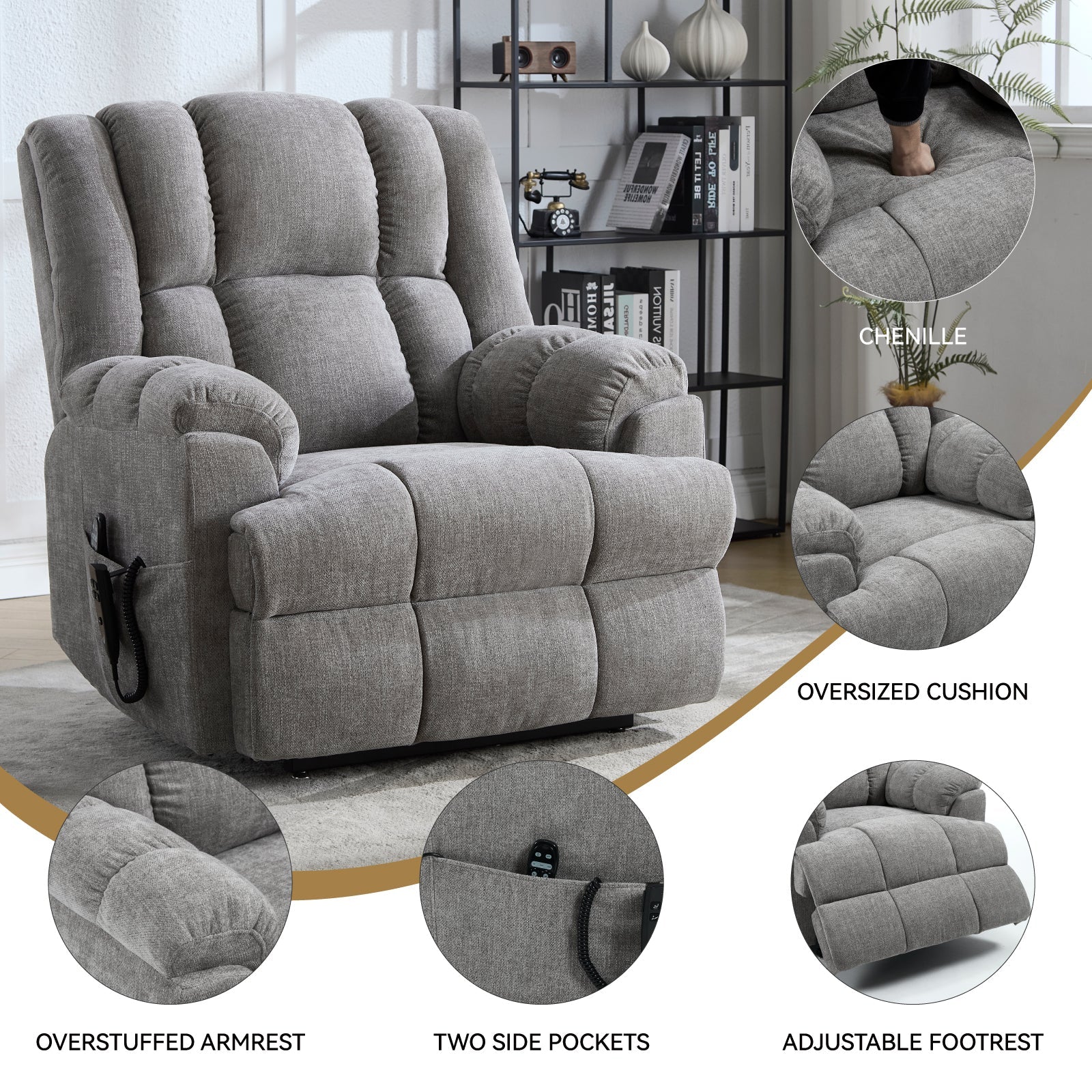 Dual Motor Heat Massage Infinite Position Up to 350 LBS Electric Power Lift Recliners with Power - Remote, Medium - firm and Heavy Duty, Light Grey - 1st Choice Furniture Direct