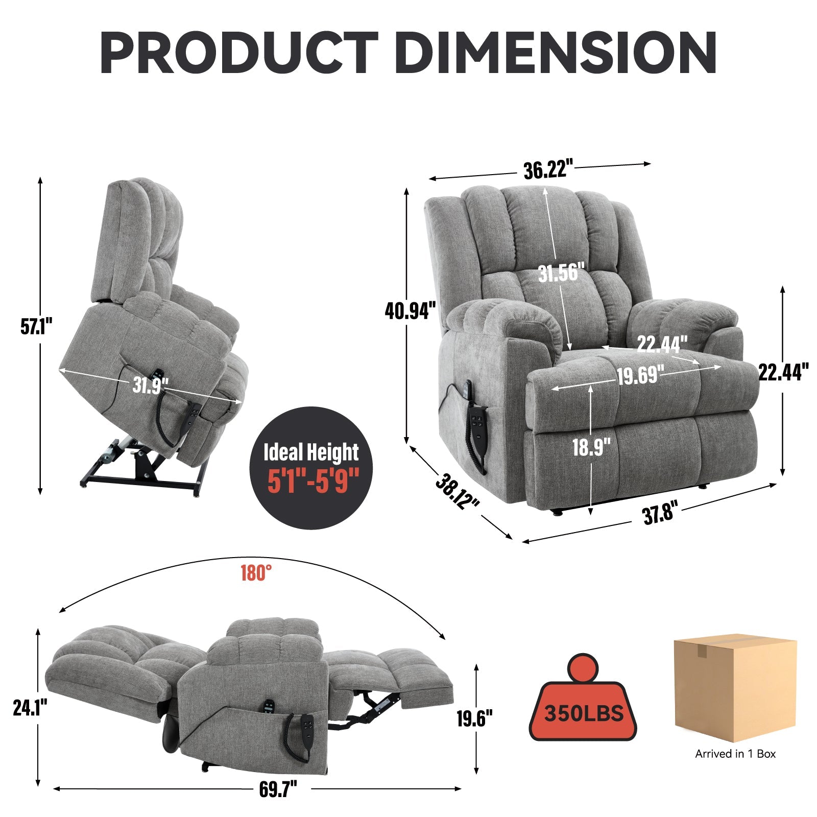 Dual Motor Heat Massage Infinite Position Up to 350 LBS Electric Power Lift Recliners with Power - Remote, Medium - firm and Heavy Duty, Light Grey - 1st Choice Furniture Direct