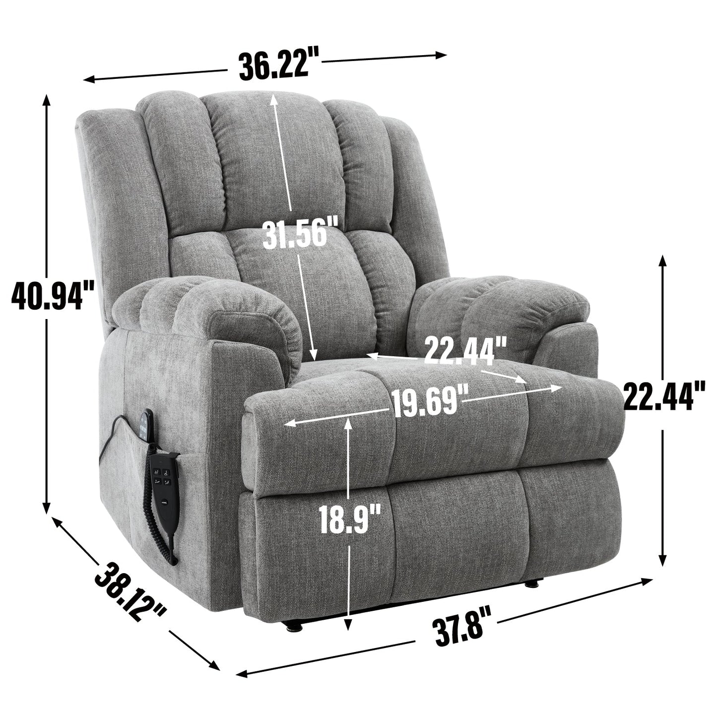Dual Motor Heat Massage Infinite Position Up to 350 LBS Electric Power Lift Recliners with Power - Remote, Medium - firm and Heavy Duty, Light Grey - 1st Choice Furniture Direct