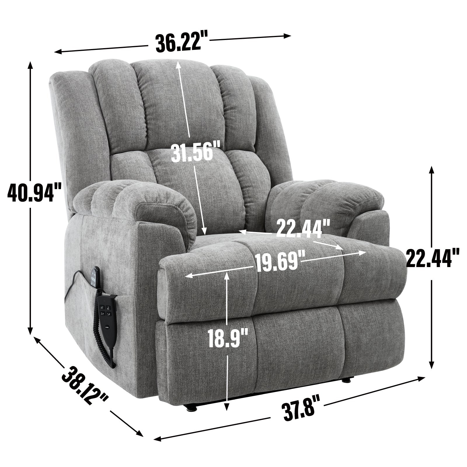 Dual Motor Heat Massage Infinite Position Up to 350 LBS Electric Power Lift Recliners with Power - Remote, Medium - firm and Heavy Duty, Light Grey - 1st Choice Furniture Direct