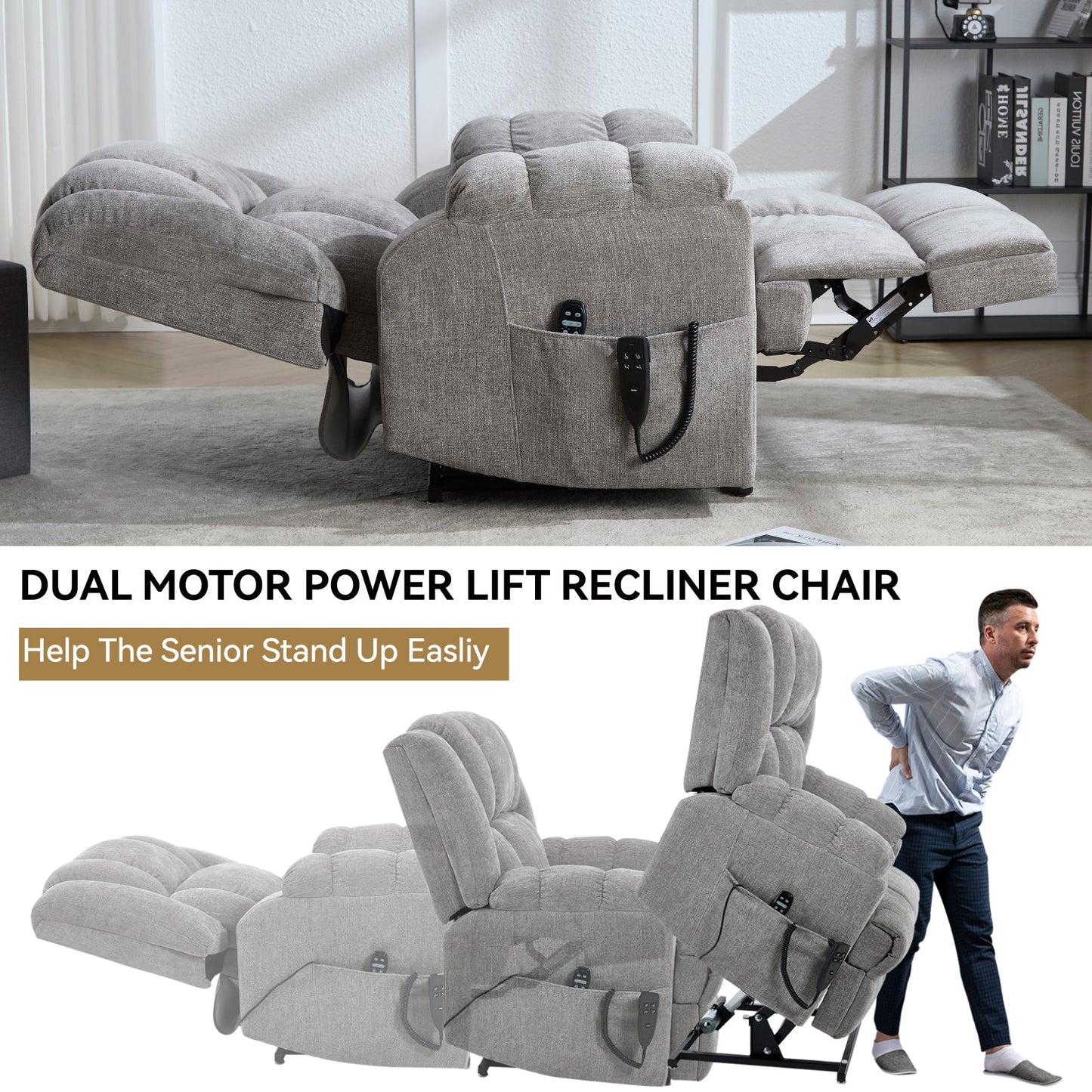 Dual Motor Heat Massage Infinite Position Up to 350 LBS Electric Power Lift Recliners with Power - Remote, Medium - firm and Heavy Duty, Light Grey - 1st Choice Furniture Direct