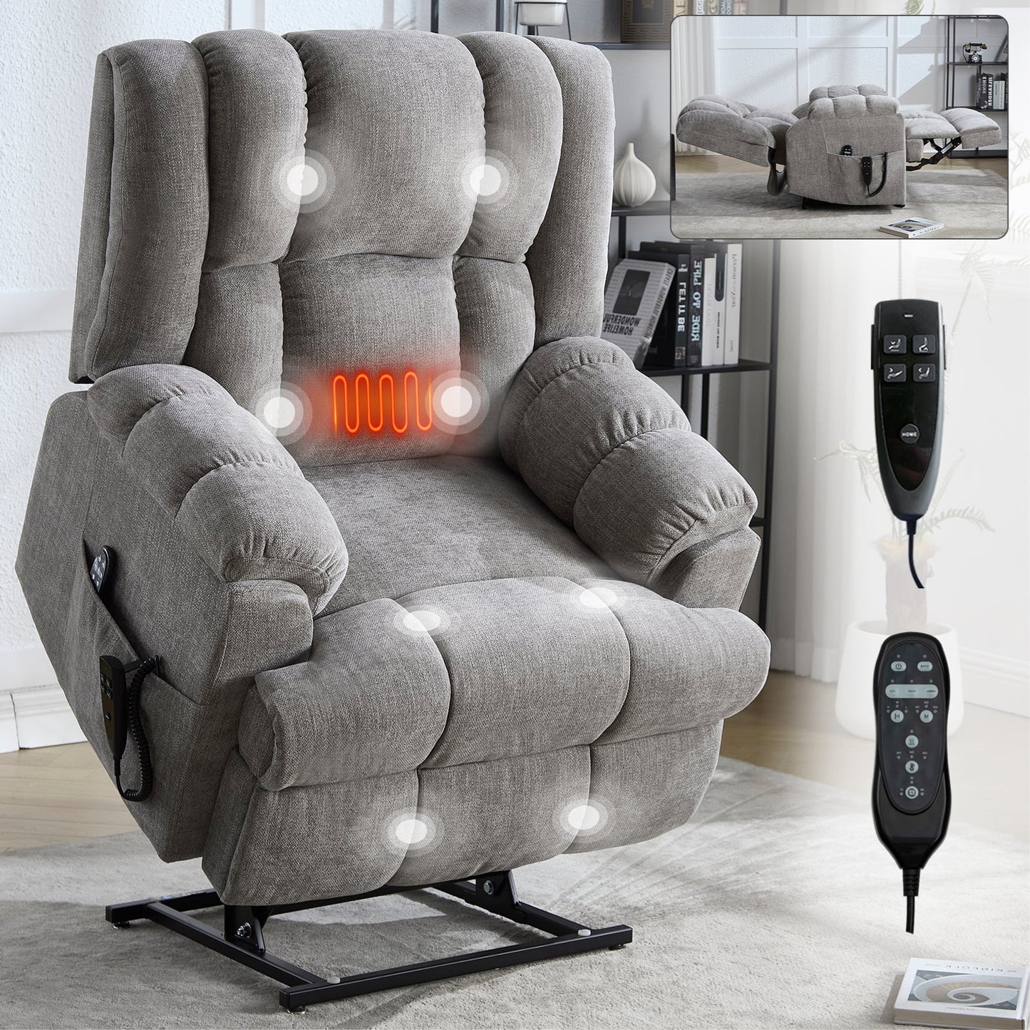 Dual Motor Heat Massage Infinite Position Up to 350 LBS Electric Power Lift Recliners with Power - Remote, Medium - firm and Heavy Duty, Light Grey - 1st Choice Furniture Direct
