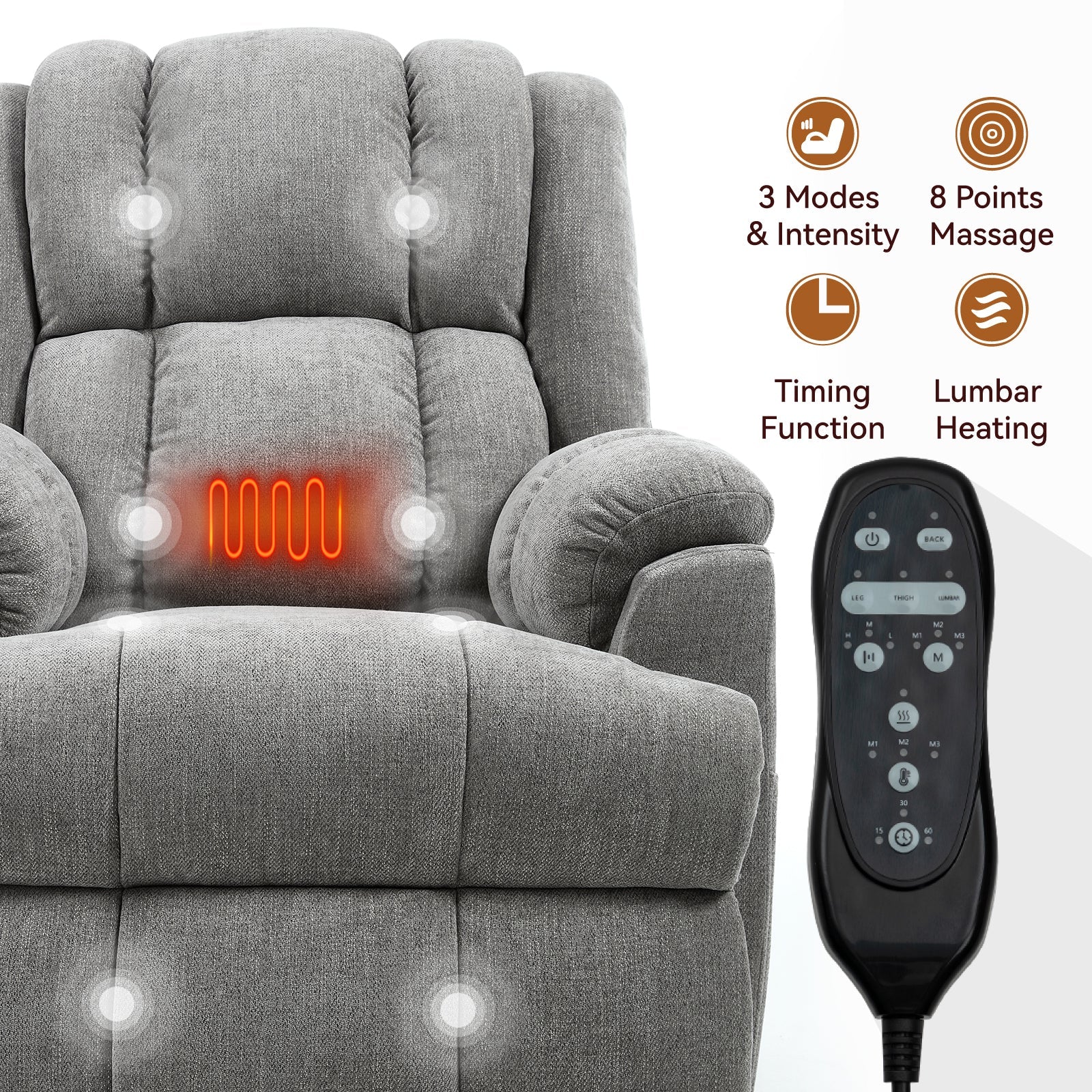Dual Motor Heat Massage Infinite Position Up to 350 LBS Electric Power Lift Recliners with Power - Remote, Medium - firm and Heavy Duty, Light Grey - 1st Choice Furniture Direct