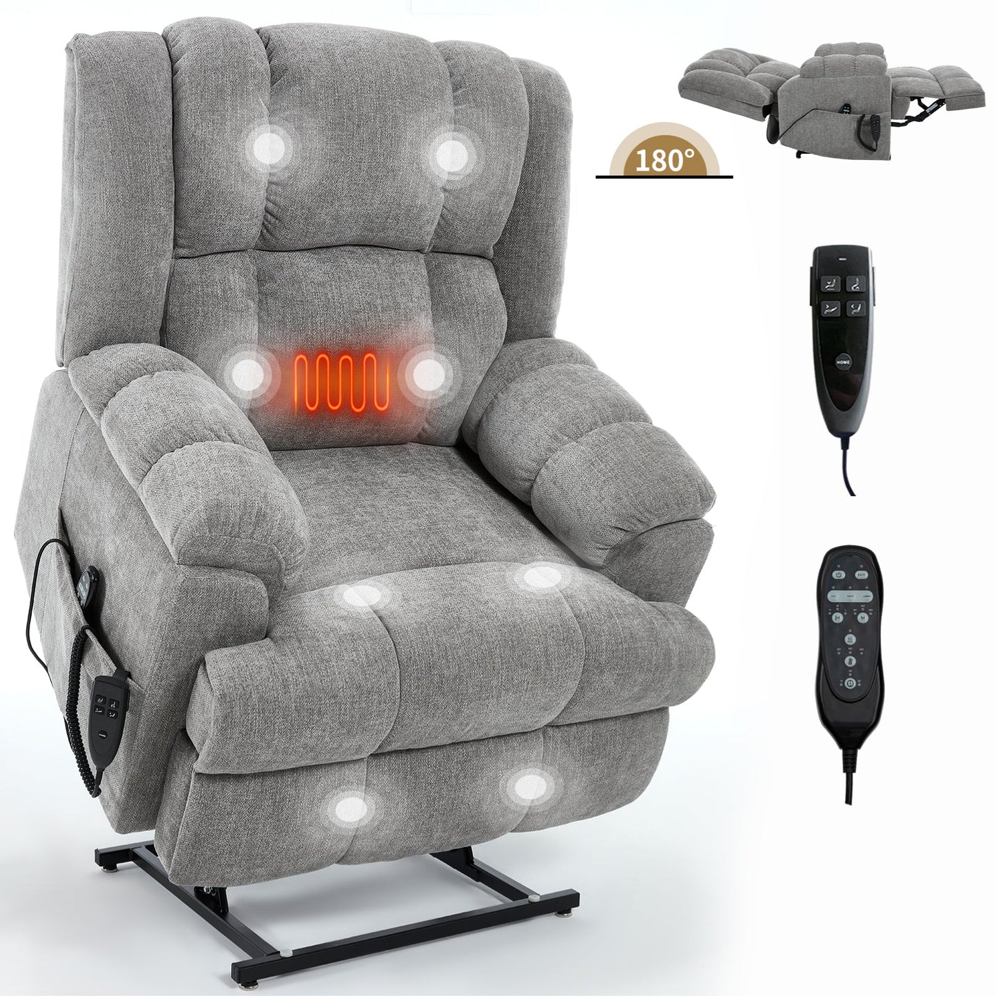 Dual Motor Heat Massage Infinite Position Up to 350 LBS Electric Power Lift Recliners with Power - Remote, Medium - firm and Heavy Duty, Light Grey - 1st Choice Furniture Direct