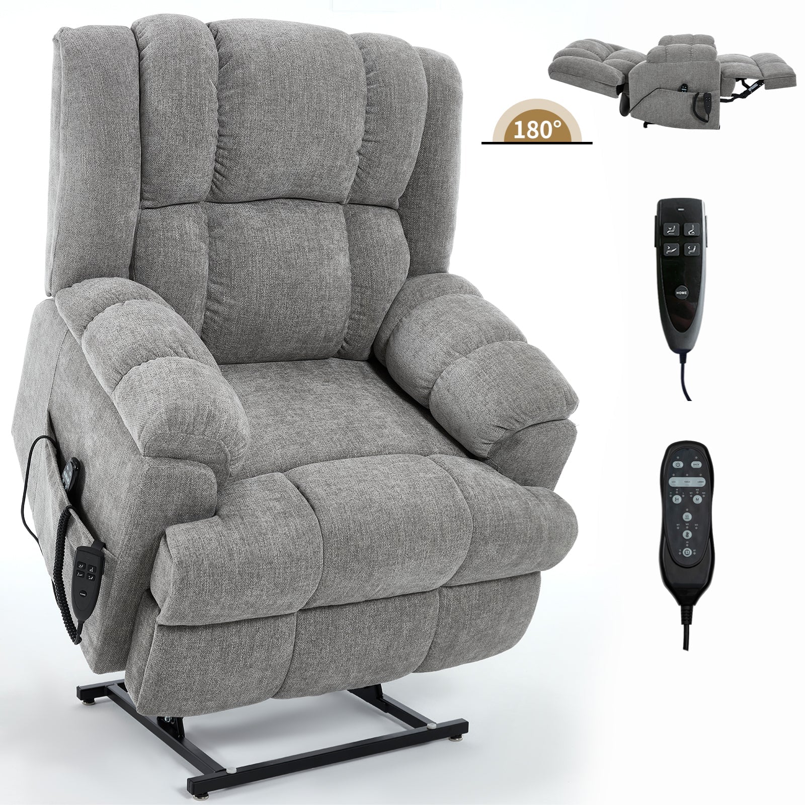 Dual Motor Heat Massage Infinite Position Up to 350 LBS Electric Power Lift Recliners with Power - Remote, Medium - firm and Heavy Duty, Light Grey - 1st Choice Furniture Direct