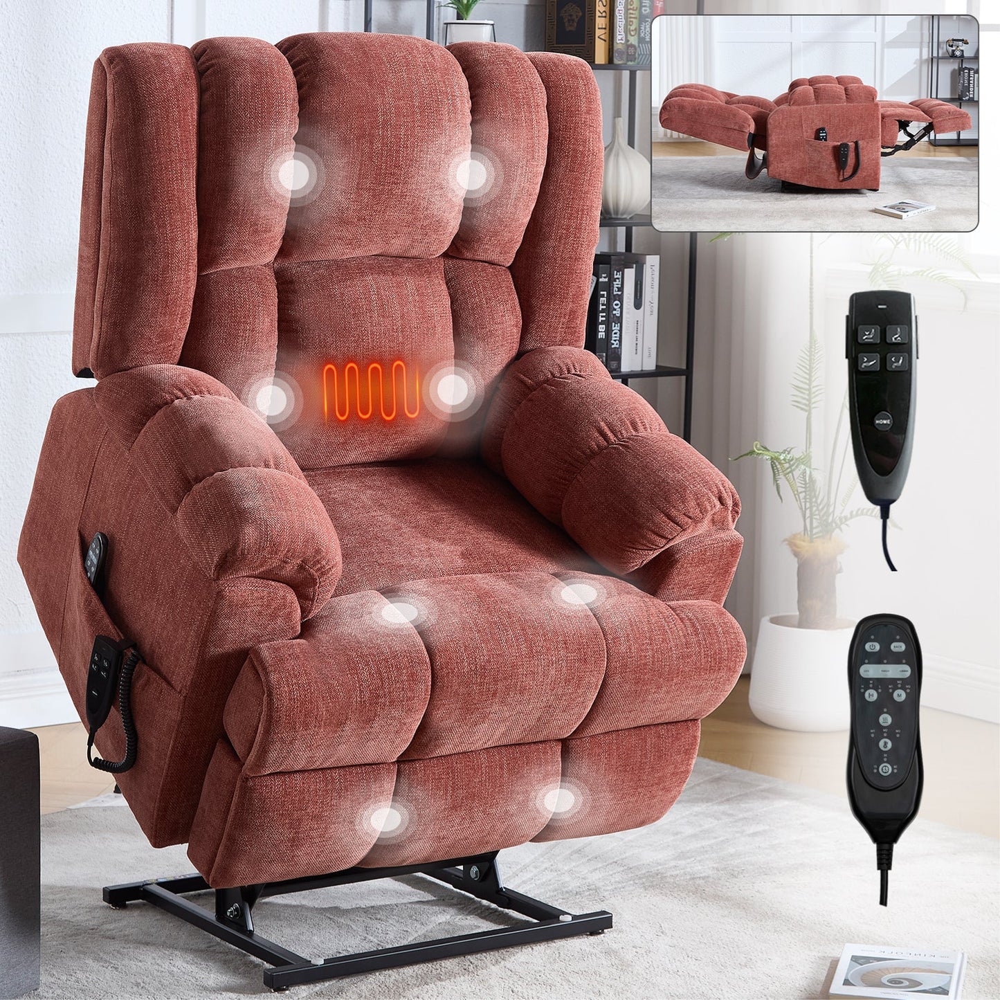 Dual Motor Heat Massage Infinite Position Up to 350 LBS Electric Power Lift Recliners with Power - Remote, Medium - firm and Heavy Duty, Red - 1st Choice Furniture Direct
