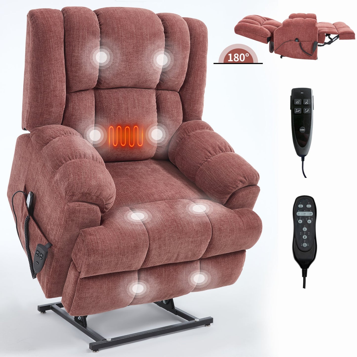 Dual Motor Heat Massage Infinite Position Up to 350 LBS Electric Power Lift Recliners with Power - Remote, Medium - firm and Heavy Duty, Red - 1st Choice Furniture Direct
