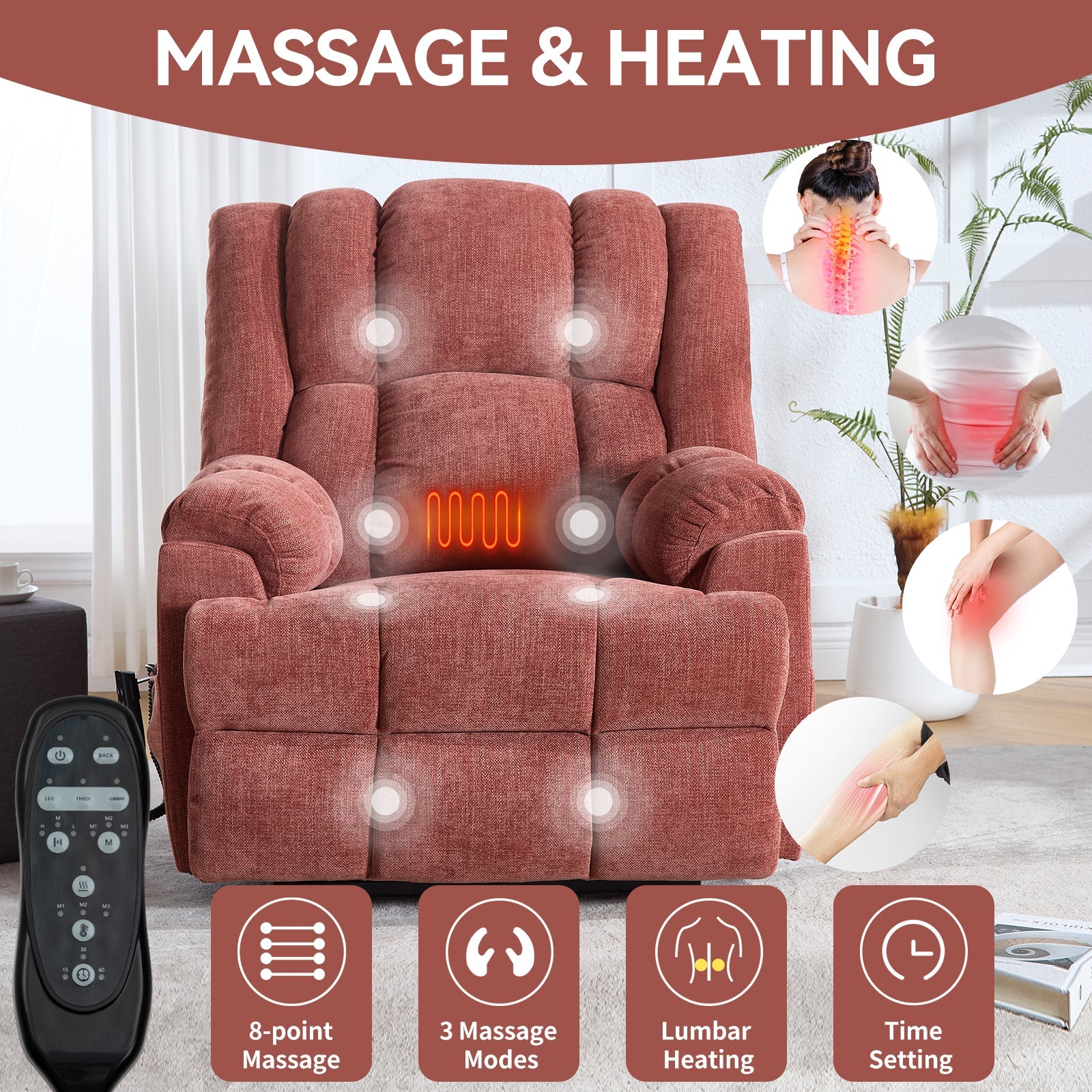 Dual Motor Heat Massage Infinite Position Up to 350 LBS Electric Power Lift Recliners with Power - Remote, Medium - firm and Heavy Duty, Red - 1st Choice Furniture Direct