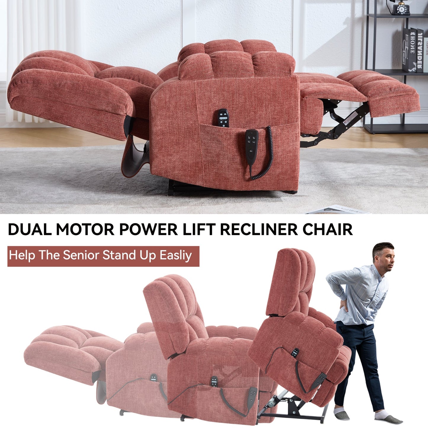 Dual Motor Heat Massage Infinite Position Up to 350 LBS Electric Power Lift Recliners with Power - Remote, Medium - firm and Heavy Duty, Red - 1st Choice Furniture Direct
