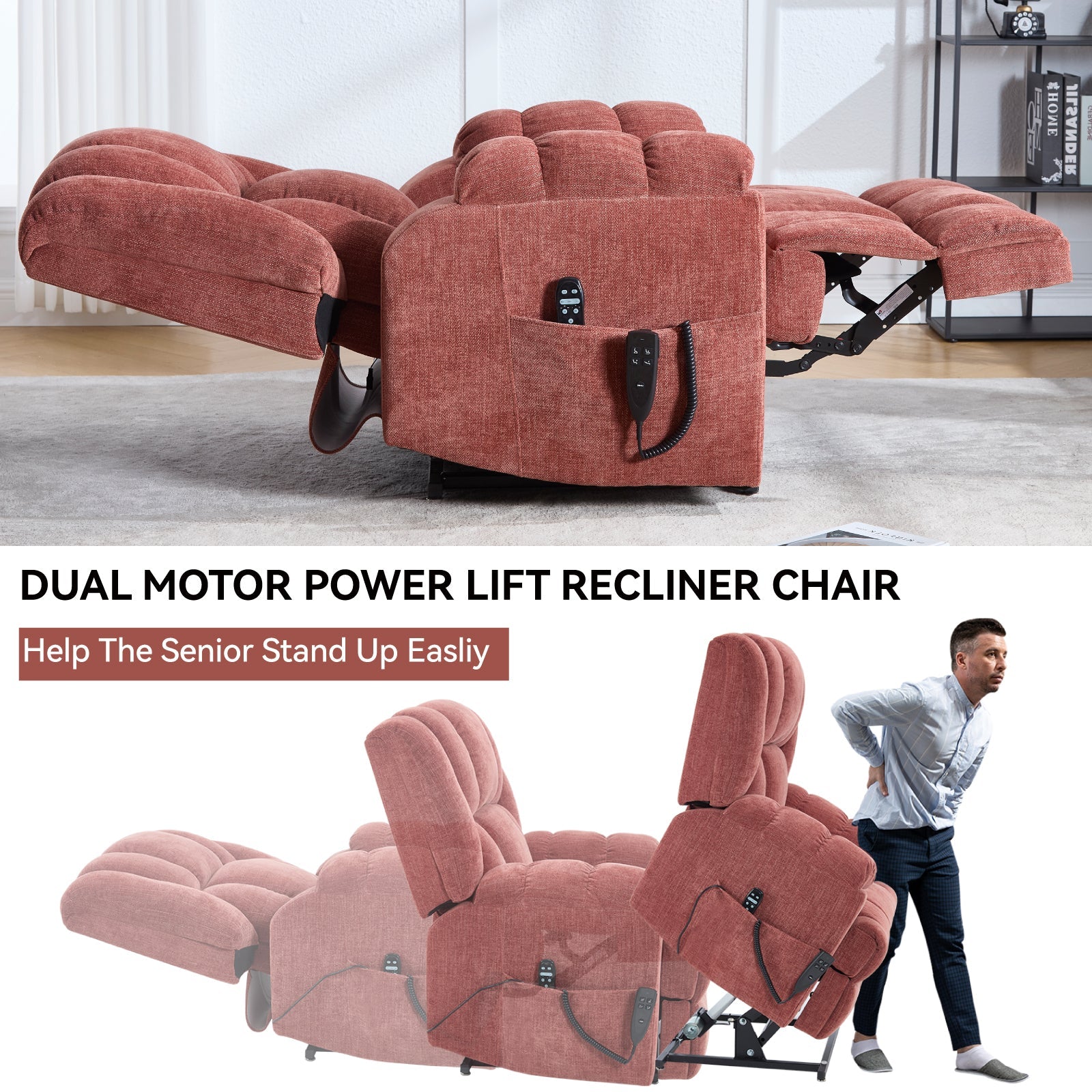 Dual Motor Heat Massage Infinite Position Up to 350 LBS Electric Power Lift Recliners with Power - Remote, Medium - firm and Heavy Duty, Red - 1st Choice Furniture Direct