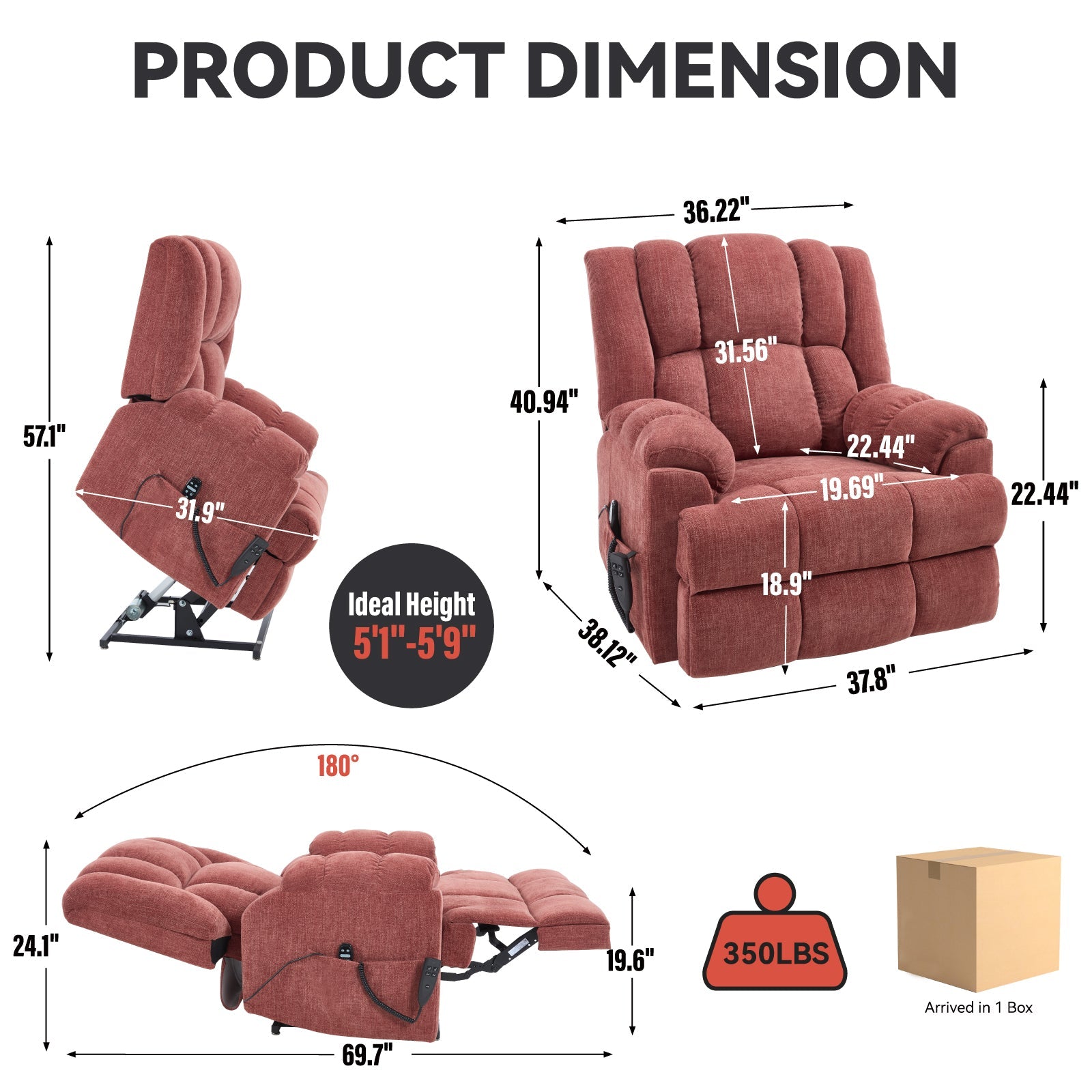 Dual Motor Heat Massage Infinite Position Up to 350 LBS Electric Power Lift Recliners with Power - Remote, Medium - firm and Heavy Duty, Red - 1st Choice Furniture Direct