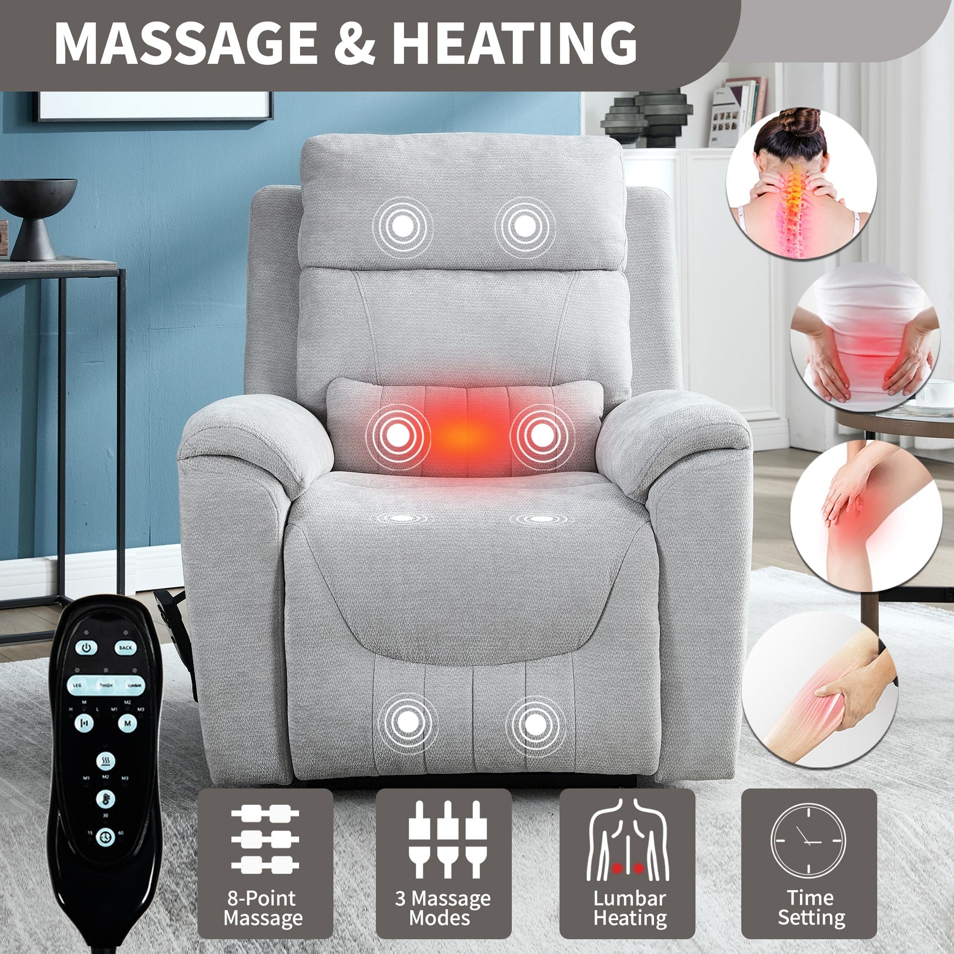Dual Motor Infinite Position Up to 350 LBS Leatherair Power Lift Recliner Chair, Heavy Duty Motion Mechanism with 8 - Point Vibration Massage and Lumbar Heating,Grey - 1st Choice Furniture Direct