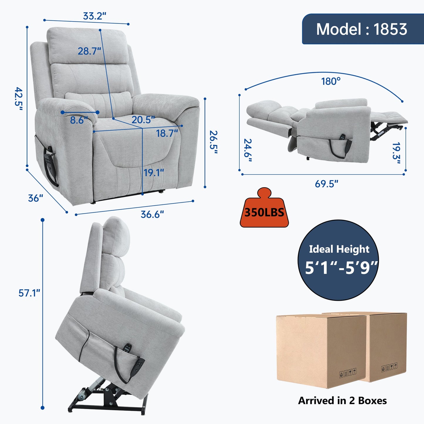Dual Motor Infinite Position Up to 350 LBS Leatherair Power Lift Recliner Chair, Heavy Duty Motion Mechanism with 8 - Point Vibration Massage and Lumbar Heating,Grey - 1st Choice Furniture Direct