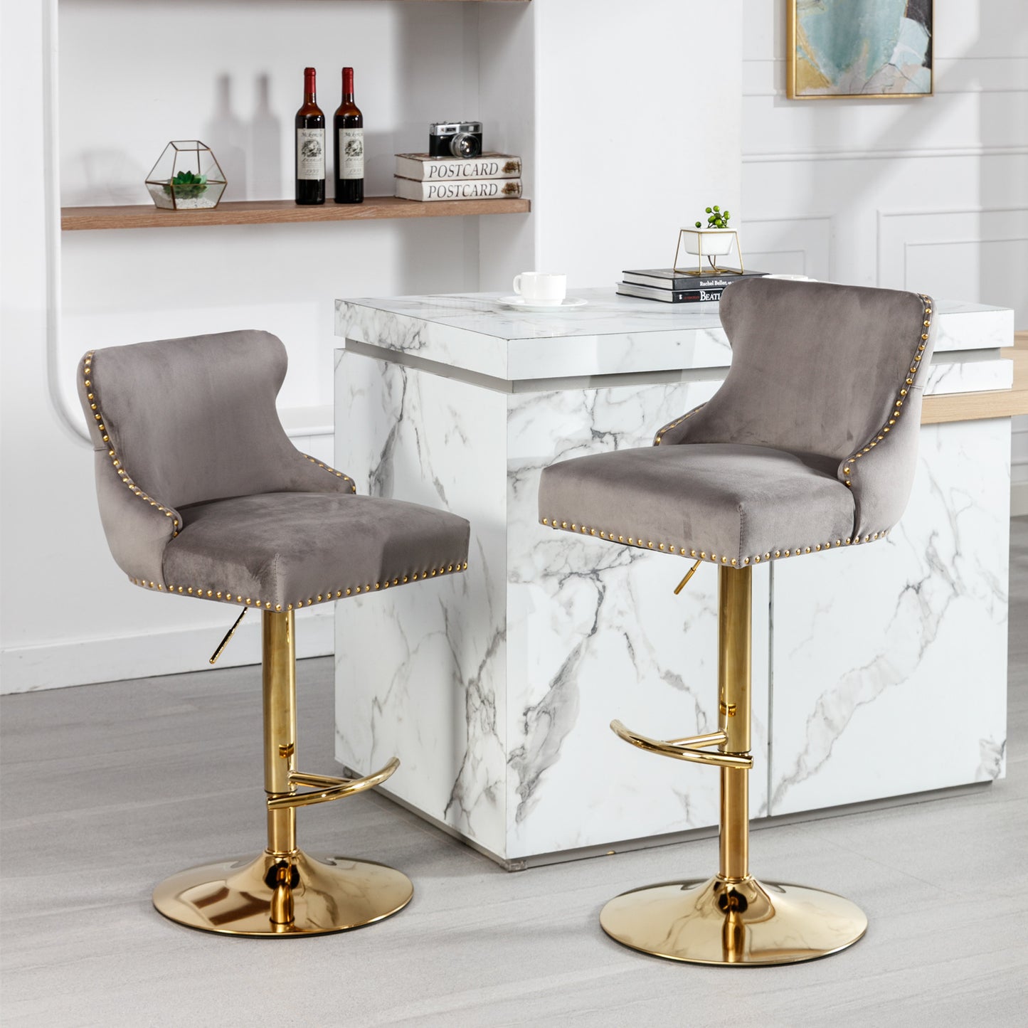 Seat Wide19.3 inches,Golden Swivel Velvet Barstools Adjusatble Seat Height from 25~33 Inch, Wing-Back Upholstered Bar Stools with Backs Comfortable Tufted for Kitchen Island or Bar,Gray,Set of 2
