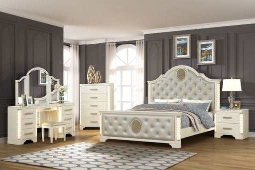 Queen 5 Pc Unique LED Vanity Bedroom Set made with Wood in Beige