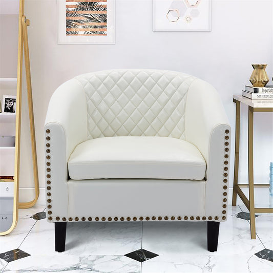 COOLMORE Barrel Chairs with Soft Padded Armrest, Club Chairs with nailheads and solid wood legs for Living Room Bedroom Waiting Room (White PU)