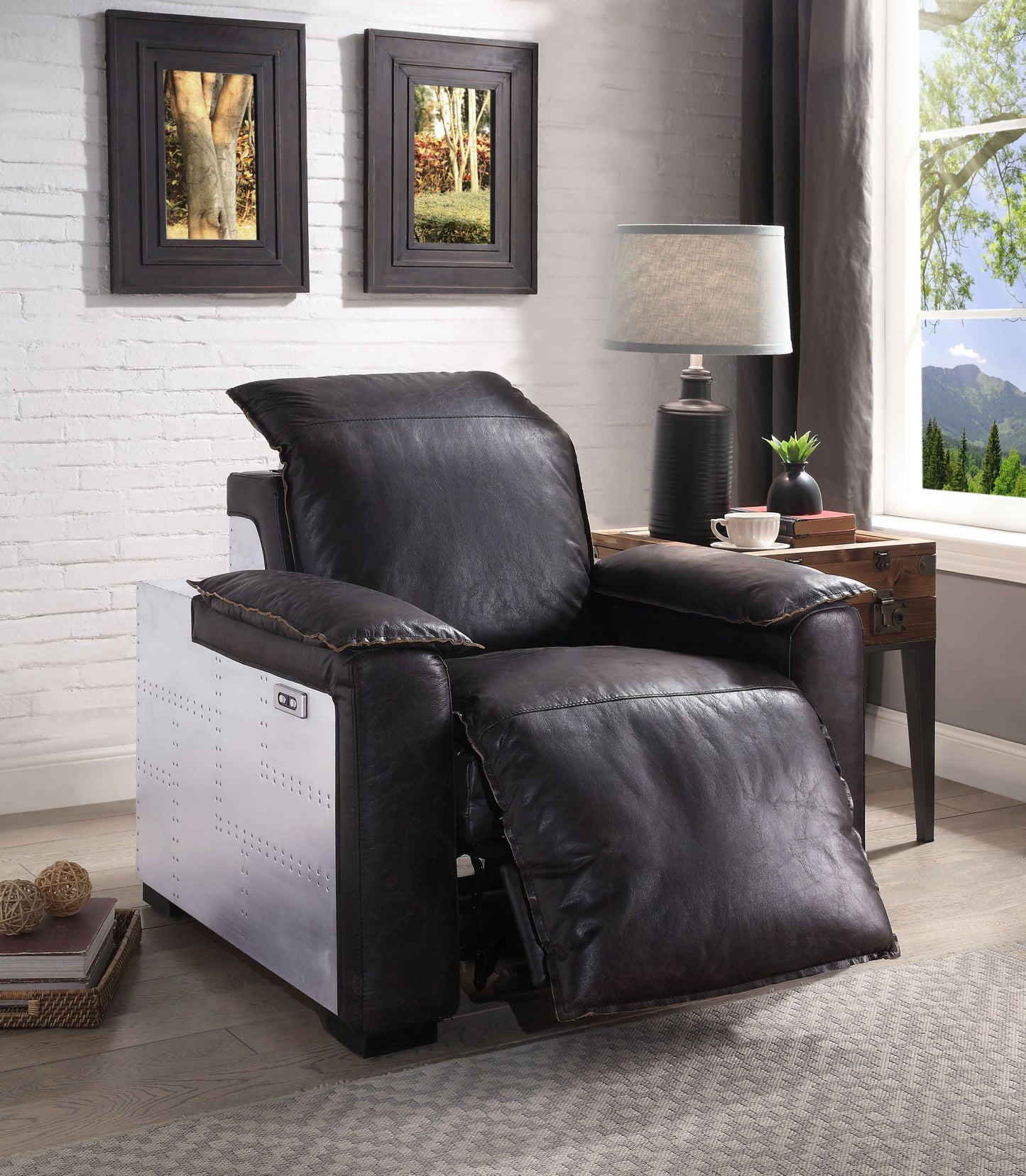 Dark Brown Leather Recliner Chair with Pillow Top Arms