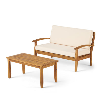 Acacia Wood Outdoor Loveseat and Coffee Table Set with Cushions