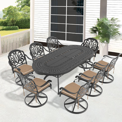 9-Piece All-Weather Cast Aluminum Dining Set, Include 8 Swivel Chairs and Oval Table With Black Frame