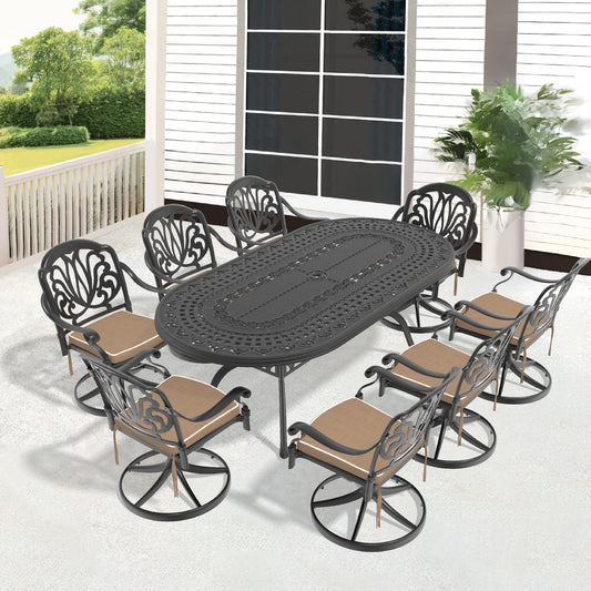 9-Piece All-Weather Cast Aluminum Dining Set, Include 8 Swivel Chairs and Oval Table With Black Frame