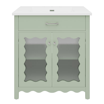 31-Inch Green Bathroom Vanity with Ceramic Sink and Glass Doors