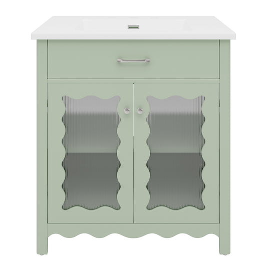 31-Inch Green Bathroom Vanity with Ceramic Sink and Glass Doors