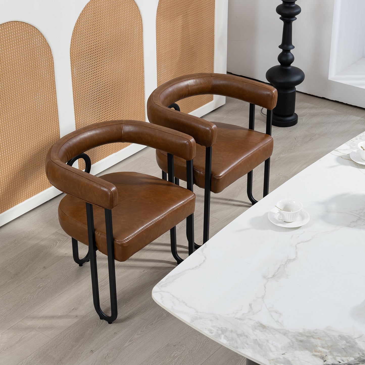 House Hold Contemporary Designed PU Fabric Upholstered Accent/Dining Chair/Barrel Side Chairs Kitchen Armchair for Living Room set of 2 (Light Brown PU)