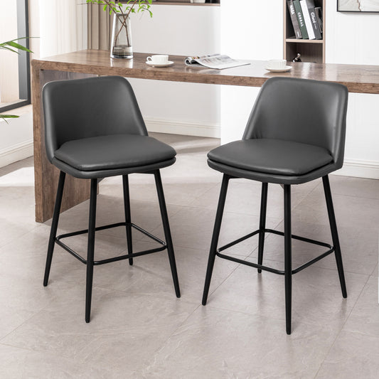 Grey Swivel Counter Height Bar Stools Set of 2 | Upholstered Faux Leather Chairs (26”)