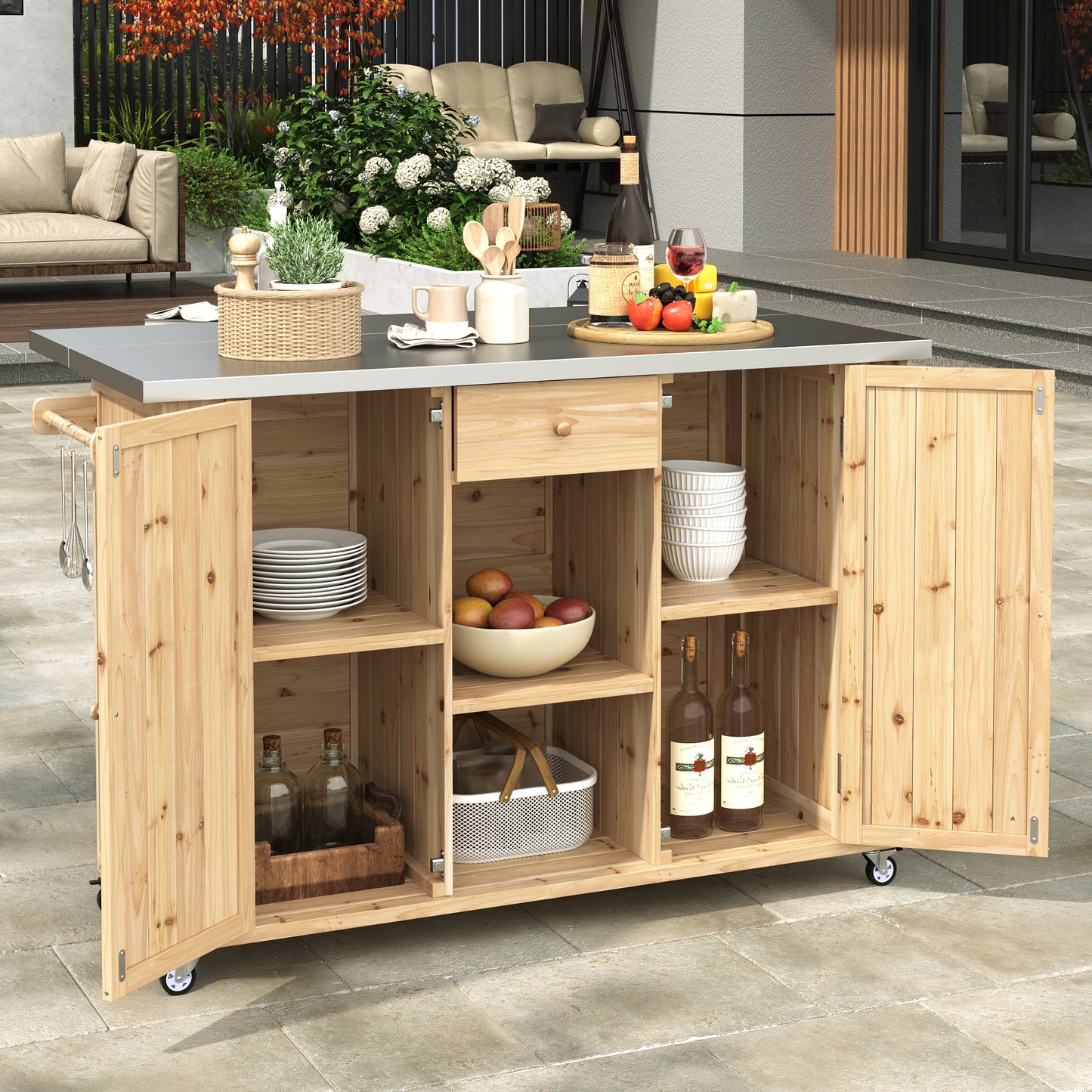 Outdoor Kitchen Island Fir Wood Kitchen Island with Stainless Steel Top, Ample Storage Space, Towel and Spice Racks and a Bottle Opener for Outdoor, Natural