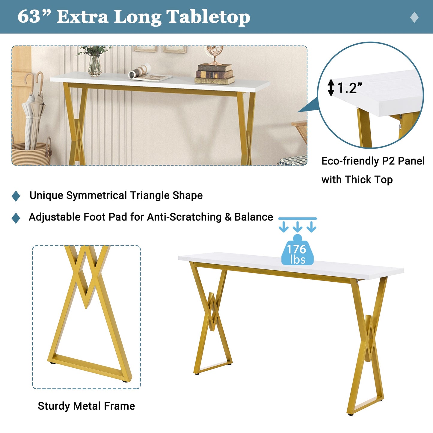 TOPMAX Modern 4-Piece Counter Height Extra Long Console Bar Dining Table Set with 3 Padded Stools for Small Places, Gold