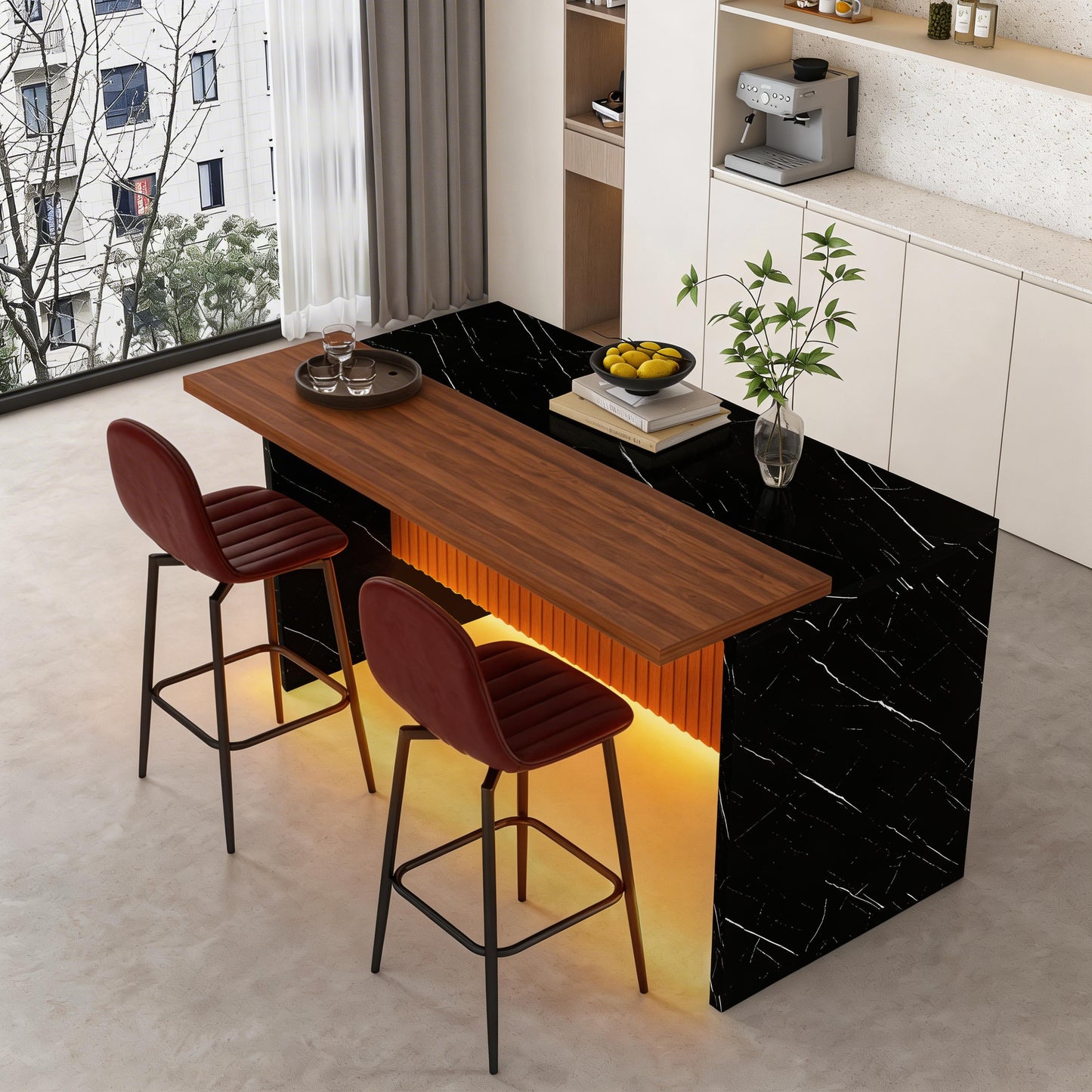 63-inch Modern Kitchen Island Set with 2 Dark Brown Bar Stools - Black Marble Look Surface, LED Lighting & Grill Design for Dining Room, Open Concept Spaces, Lounge(2 Dark Brown Bar Stools)