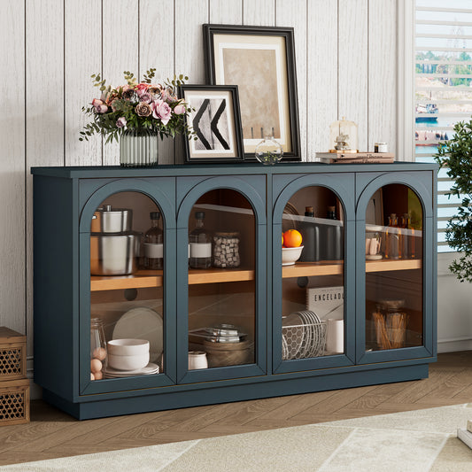 TREXM 4-Door Large Storage Buffet Cabinet with Glass Doors, Arched Cabinet with Adjustable Shelves for Kitchen, Dining Room and Living Room (Navy)