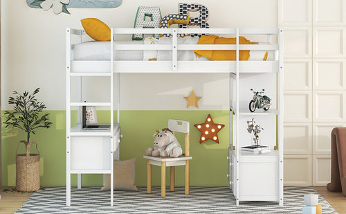1st Choice Twin Size Loft Bed with Built-in Desk with Two Drawers in White
