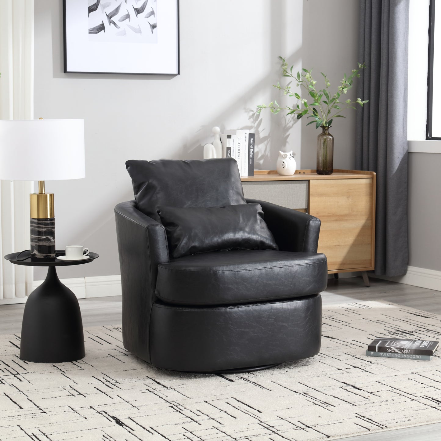 COOLMORE Swivel Barrel Chair, Comfy Round Accent Sofa Chair for Living Room, 360 Degree Swivel Barrel Club Chair, Leisure Arm Chair for Nursery, Hotel, Bedroom, Office, Lounge (Black PU)