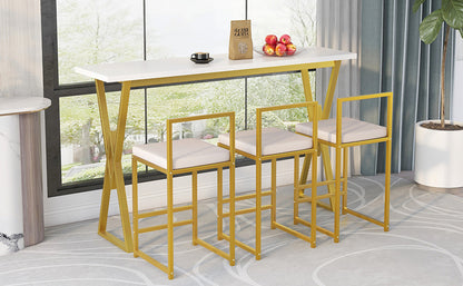 TOPMAX Modern 4-Piece Counter Height Extra Long Console Bar Dining Table Set with 3 Padded Stools for Small Places, Gold