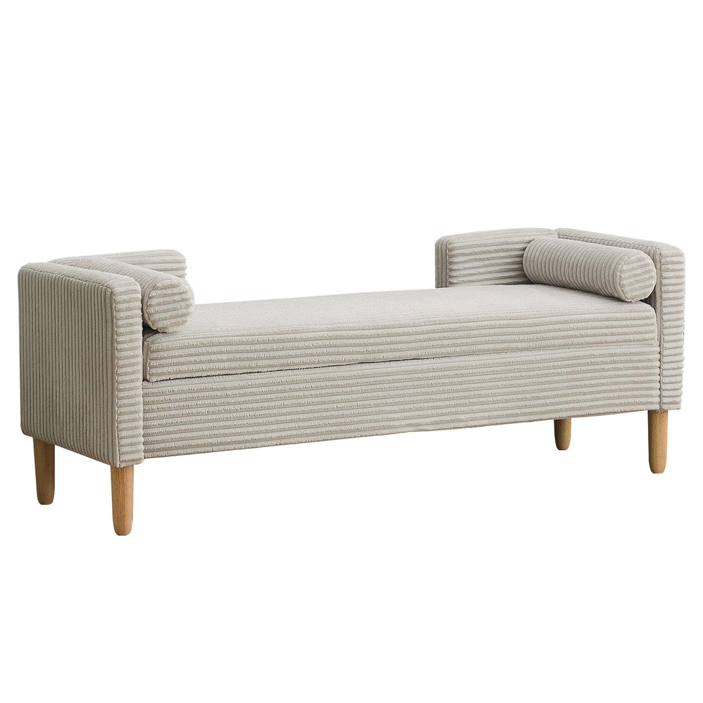 65.35' Wide Corduroy Storage Soft Bench with Armrests, Backrest and Two bolster Pillows for Living Room, Entryway and Bedroom, Light Gray