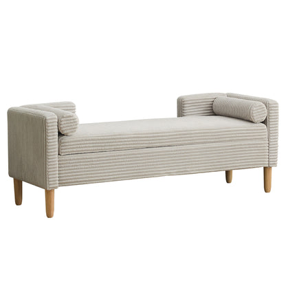 65.35' Wide Corduroy Storage Soft Bench with Armrests, Backrest and Two bolster Pillows for Living Room, Entryway and Bedroom, Light Gray